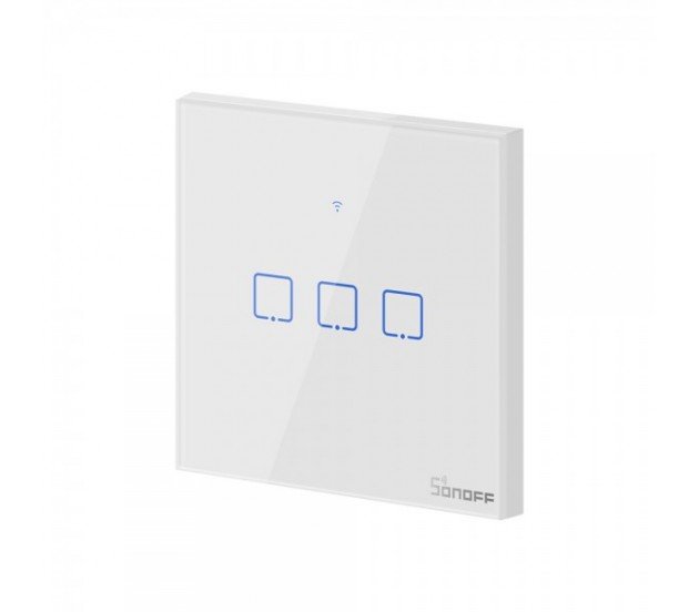 Išmanusis jungiklis SONOFF T2Eu3C-Tx, 3 kanalų, 240W/kanalui, 230V, vald. lieč. mygt., programėle, Wi-Fi, balsu ir SONOFF pulteliu (nėra), baltas, IM190314017