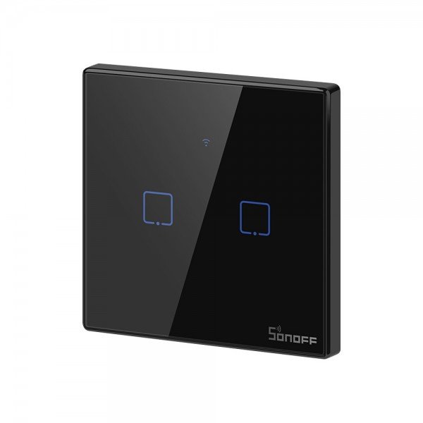 Išmanusis jungiklis SONOFF T3Eu2C-Tx, 2 kanalų, 480W/kanalui, 230V, vald. lieč. mygt., programėle, Wi-Fi, balsu, SONOFF pulteliu (nėra), juodas, IM190314019