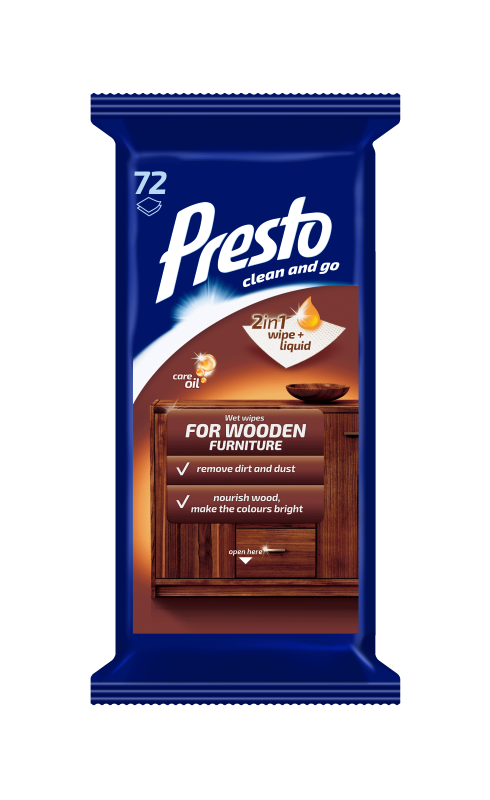 Drėgnos servetėlės mediniams paviršiams PRESTO, 72 vnt.