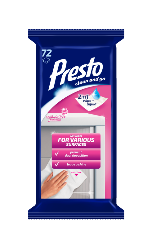 Drėgnos servetėlės baldams PRESTO, 72 vnt.