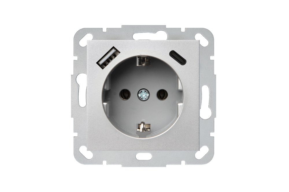 Kištukinis lizdas LIREGUS Epsilon, 1 vietos su krovikliu 3.4A 1xUSB A ir 1xUSB C, įleidžiamas, metalo sp., su įžeminimu, IUK-3-01.E/Mt