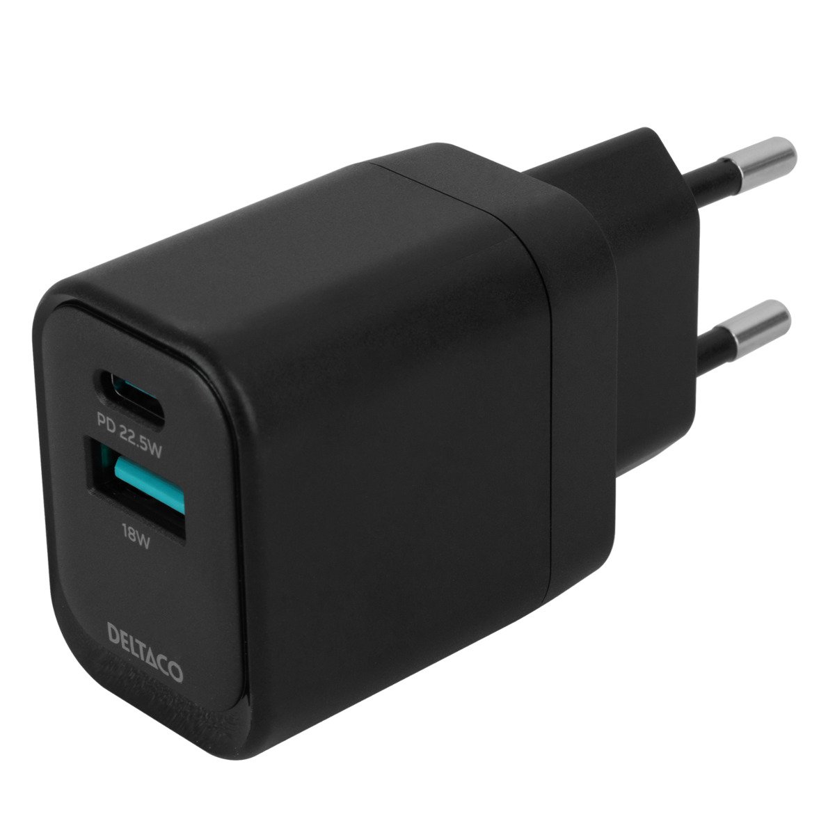 Sieninis įkroviklis DELTACO AC153, 1x USB-A 18 W, 1x USB-C PD 20 W, juodos sp., USB-C, 1903152