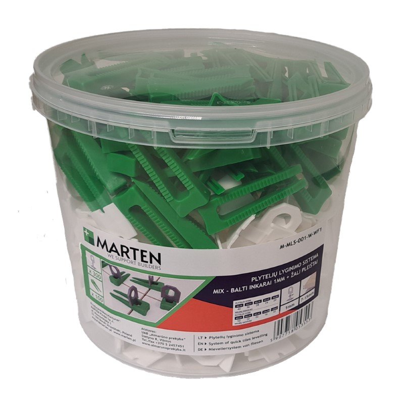 Plytelių išlyginimo sistema MARTEN, komplekte inkarų (1 mm) 300 vnt., pleištų (7-15 mm) 100 vnt.