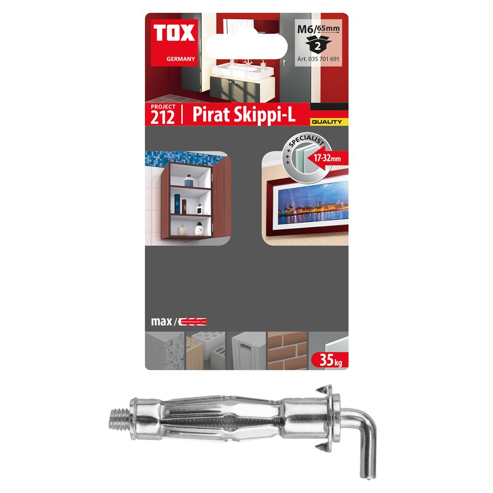 Inkarinis varžtas GKP TOX Pirat Skippi L, M6/65 mm, su kabliu, 2 vnt.