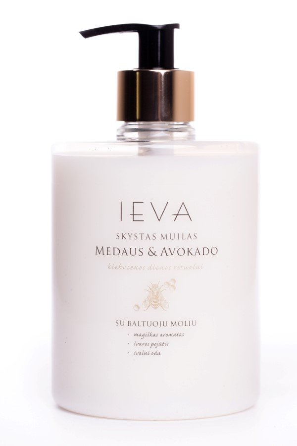 Skystas muilas IEVA, medaus ir avokado aromato, su aukso sp. dozatoriumi, 500 ml