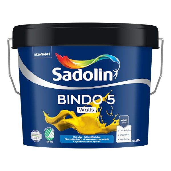 Vandeniniai vidaus dažai SADOLIN Bindo 5, 2,5 l, BW bazė, balti, visiškai matiniai