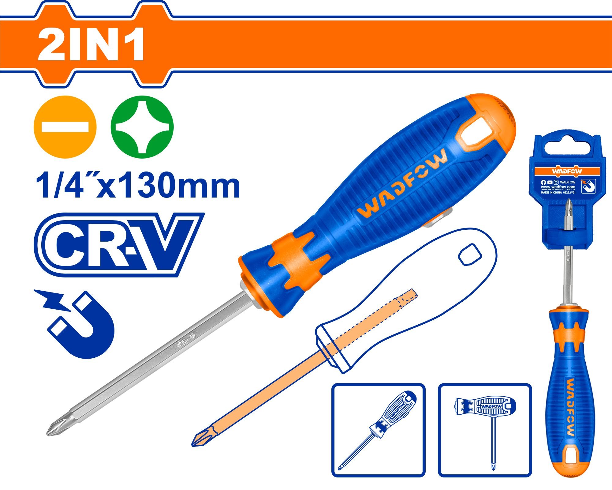 Atsuktuvų rinkinys WADFOW, 2 in 1, magnetiniai, Cr-V, PH2+SL6.5, 1/4"x130 mm, WSS45M3
