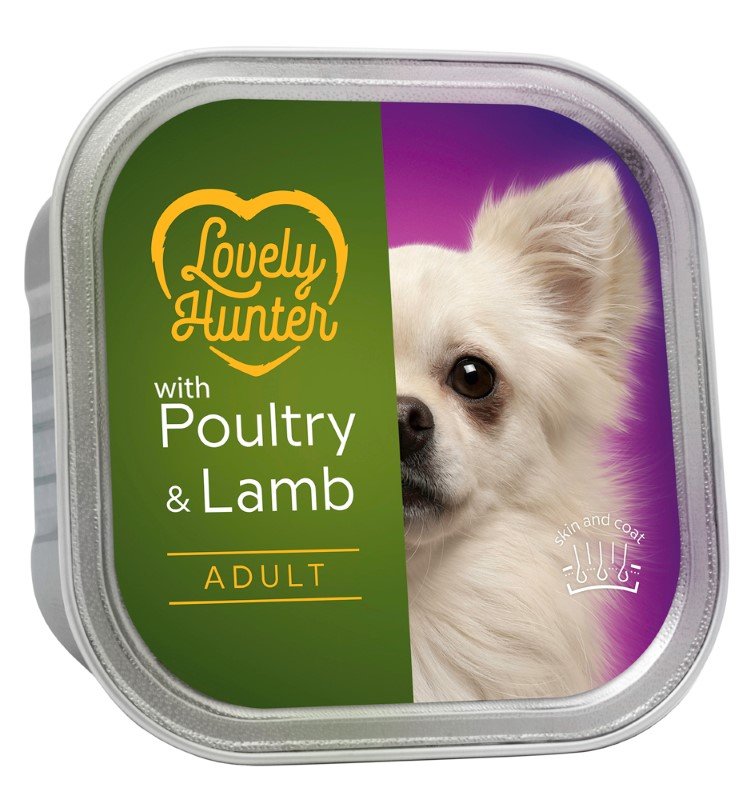 Konservuotas šunų ėdalas LOVELY HUNTER, suaugusiems šunims, su vištiena ir ėriena, 150g