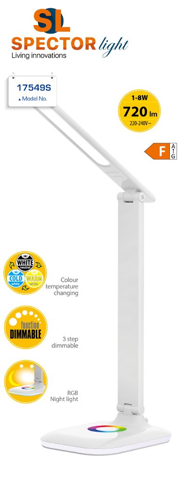 Stalinis šviestuvas SPECTOR LIGHT 17549, LED, 8 W, 220-240 V, 2700/4000/6500 K, 720 lm, dimer., RGB, šviestuvo pagrindas, baltos sp., 183x138x380 mm