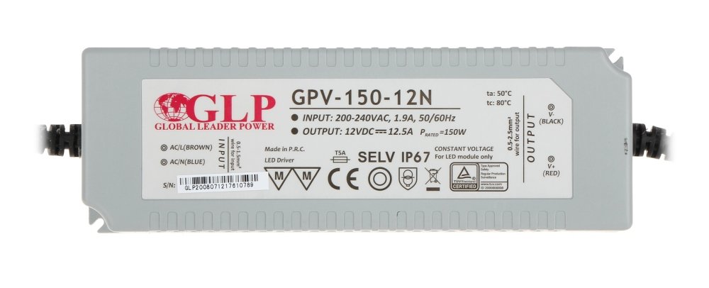 LED transformatorius GLP Gpv-150-12N, 150 W, 12,5A, DC 12 V, AC 200-240 V, IP67, plastikinis, 220 x 70 x 50 mm