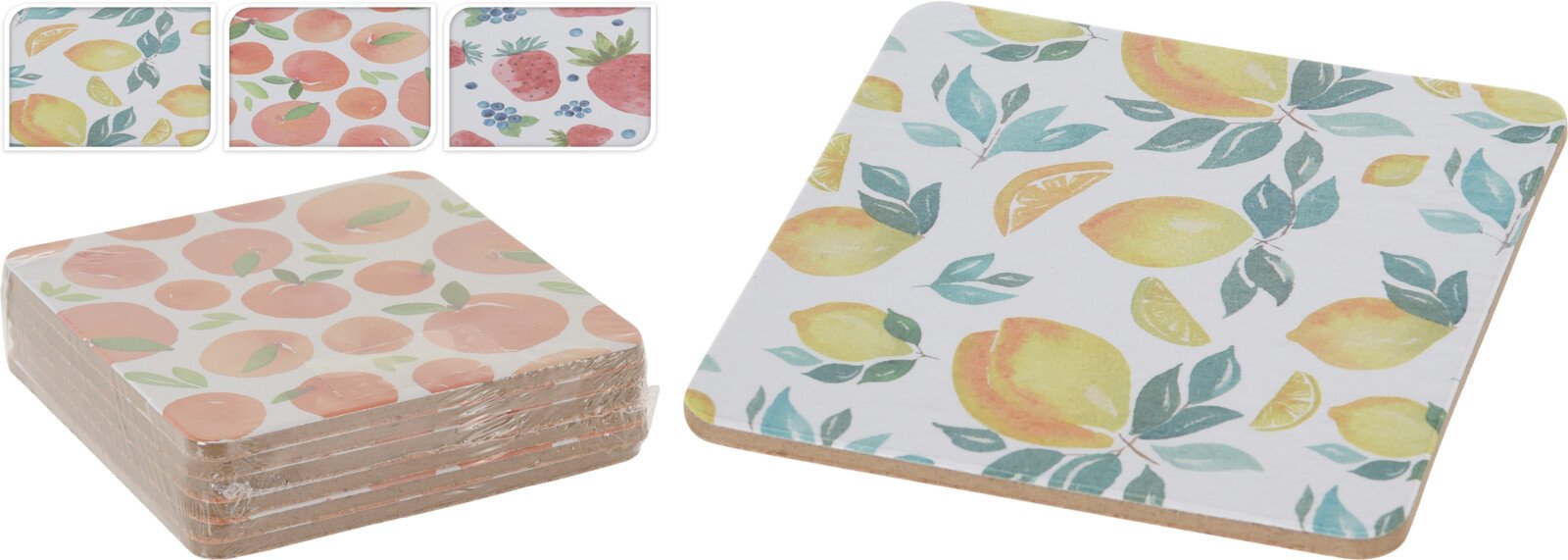 Padėkliukų rinkinys Vaisiai, kamštiniai, 6 vnt, trys skirtingi dizainai