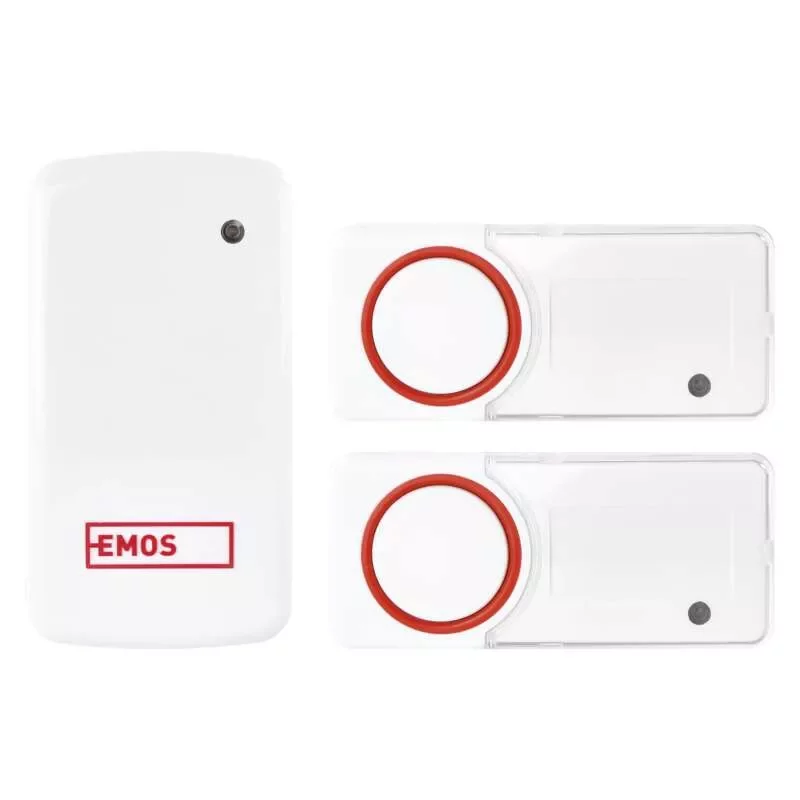 Skambutis EMOS P5750.2T, 10 mel., 110db, 150 m, bevielis, 230V, mygtukui nereikia elemento, baltas, komplekte 2 mygtukai
