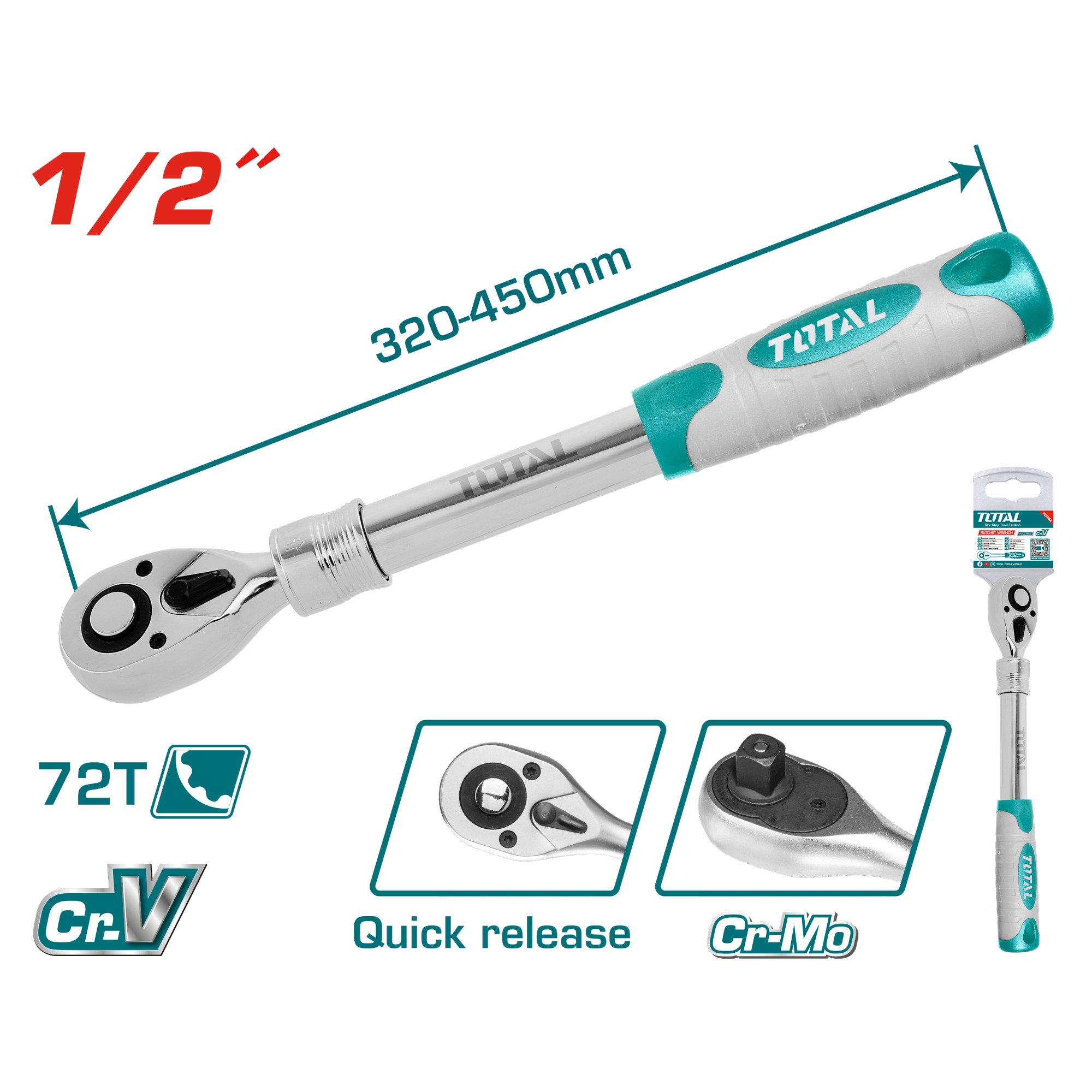 Terkšlinė rankena galvutėms TOTAL, ištraukiama, Cr-V+Cr-Mo, 1/2" 72T, 320-450 mm, THT106128L
