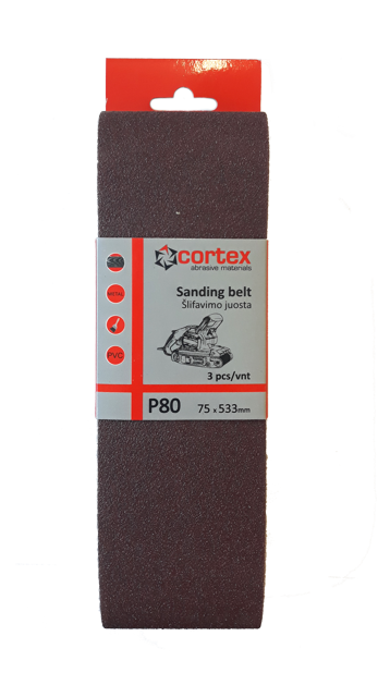 Juosta šlifavimui CORTEX P80, 75 x 533 mm, 3 vnt.