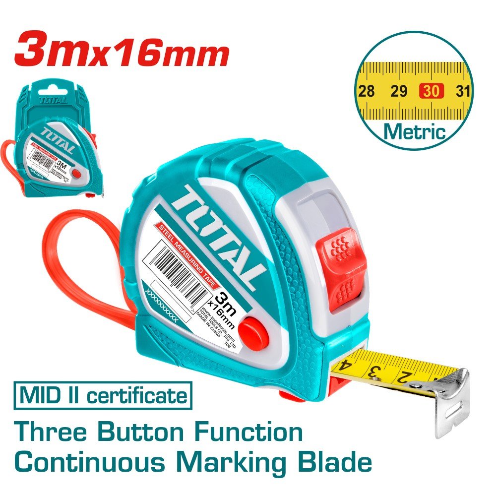 Ruletė TOTAL, magnetinė, 3 m, 16 mm, TMT126031ME