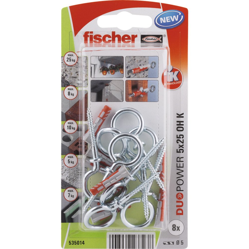 Dvikomponenčiai kaiščiai FISCHER Duopower, su O formos kabliu, 5 x 25 mm, 8 vnt.