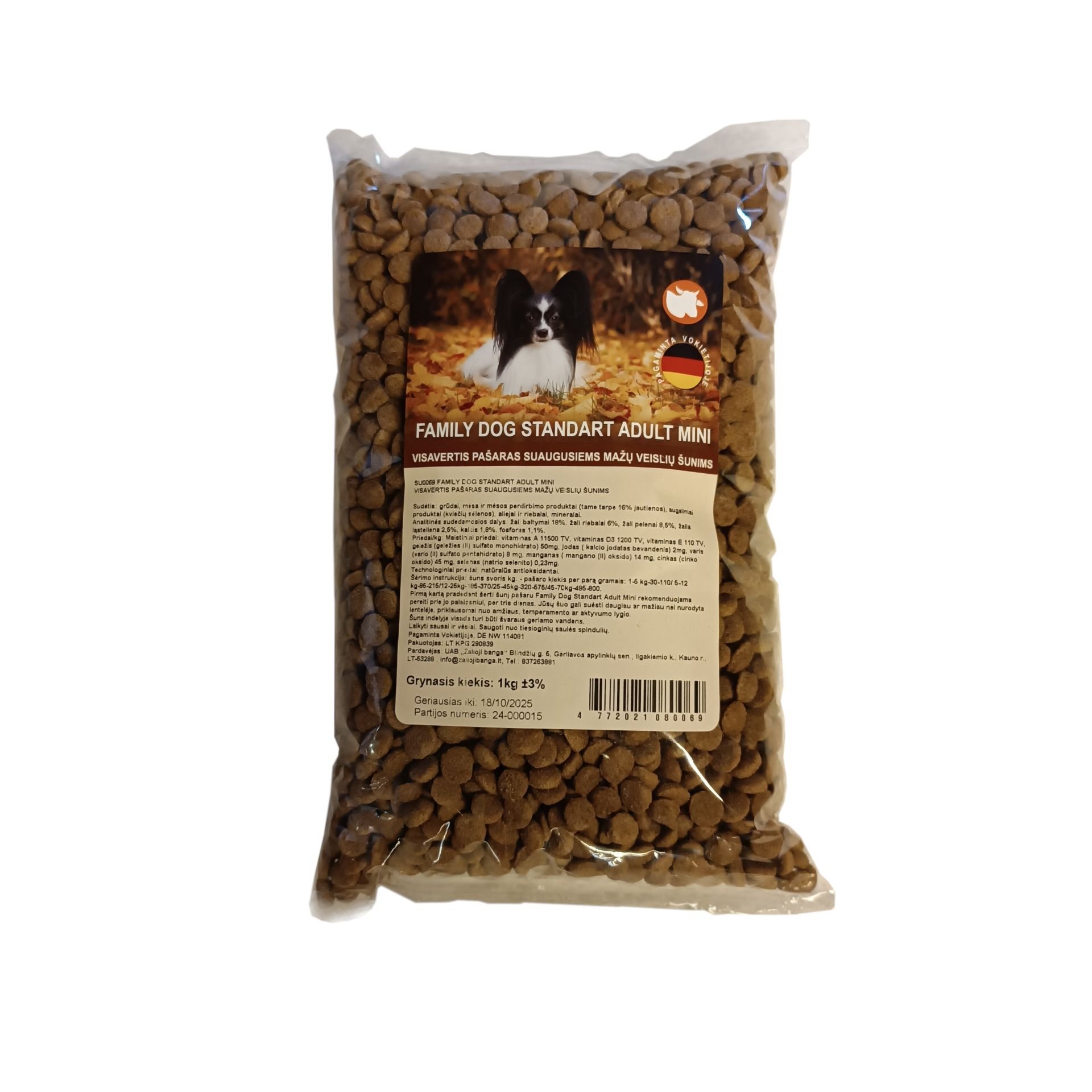 Sausas šunų ėdalas FAMILY DOG, su jautiena, skirtas suaugusiems mažų veislių šunims, 1kg