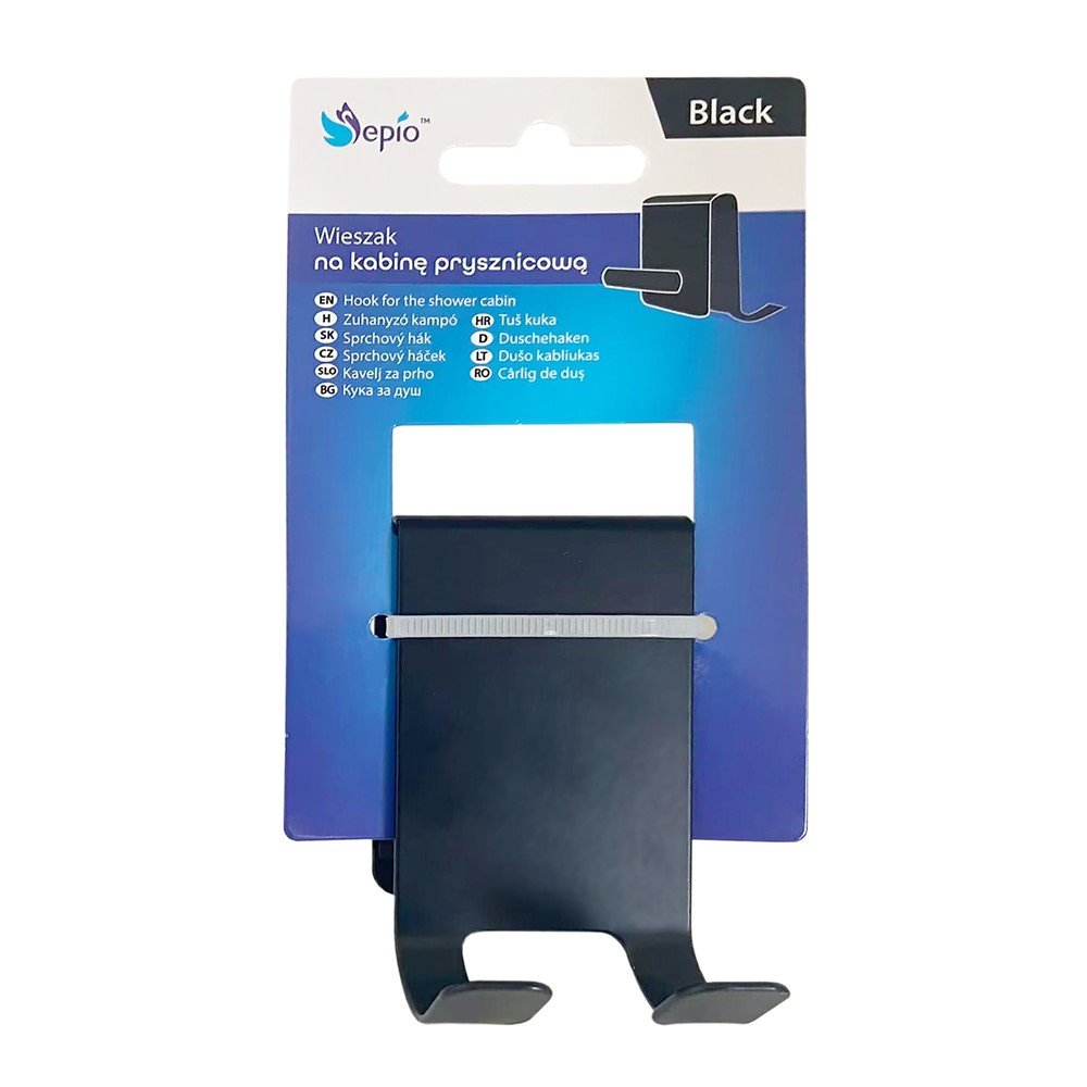 Kabliukas SEPIO, kabinamas ant dušo kabinos durų, metalinis, dvigubas, juodos spl.