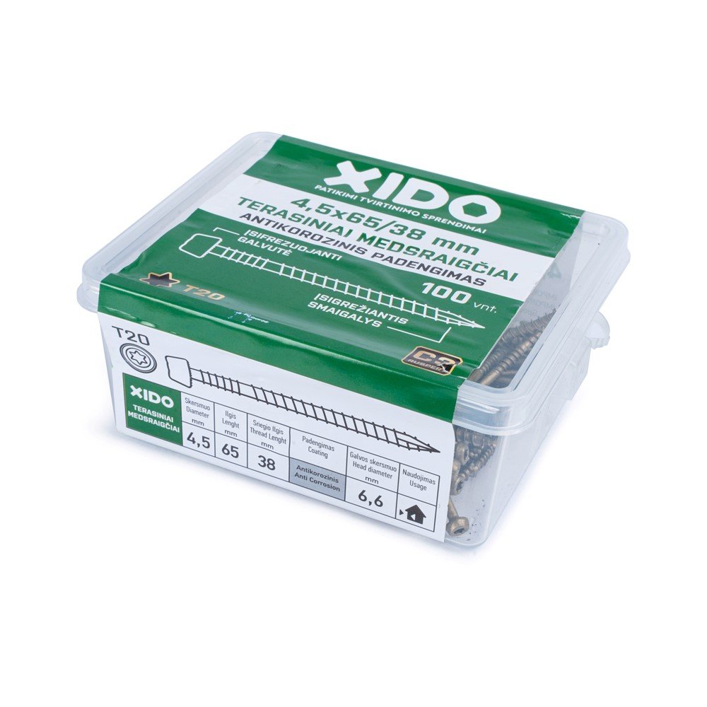 Terasiniai medsraigčiai XIDO, 4,5 x 65/38 mm, antikorozinis padengimas, 100 vnt., TORX20
