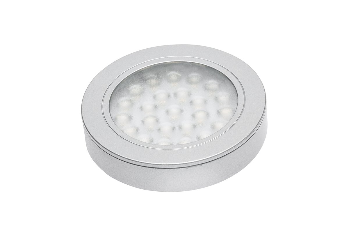 LED šviestuvas GTV Vasco, 1,7 W, 12V, 3000 K, 150 lm, IP20, paviršinis, laidas 2 m, apvalus, sidabro sp., 64x12 mm, LD-VA24CB-53