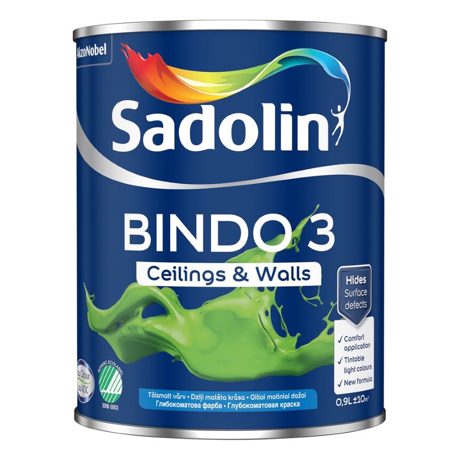Vandeniniai vidaus dažai SADOLIN Bindo 3, 0,9 l, BW bazė, balti, visiškai matiniai