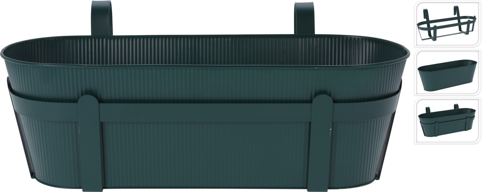 Metalinis lauko vazonas, ovalus, su pakabinamu laikikliu, tamsiai žalios sp., 51,5 x 19,5 x 21 cm.