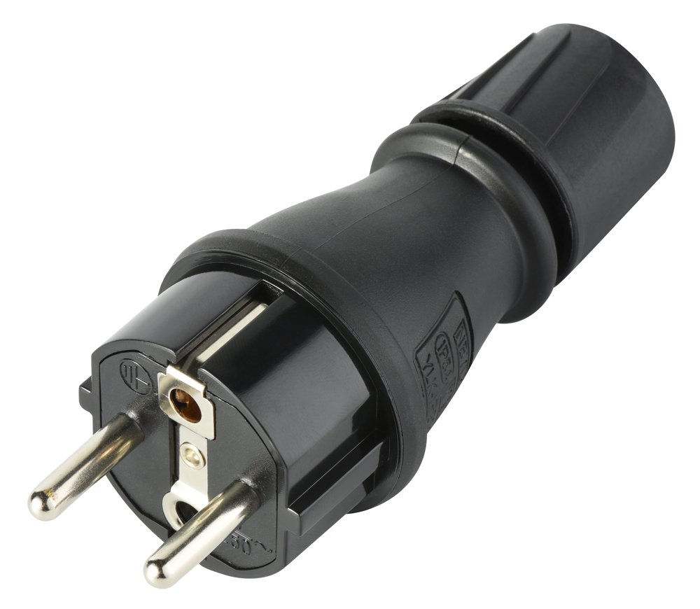 Kištukas ELECTRALINE 55084, su įž., juodos sp., IP54 16A 250V, guminis, su sraigtu