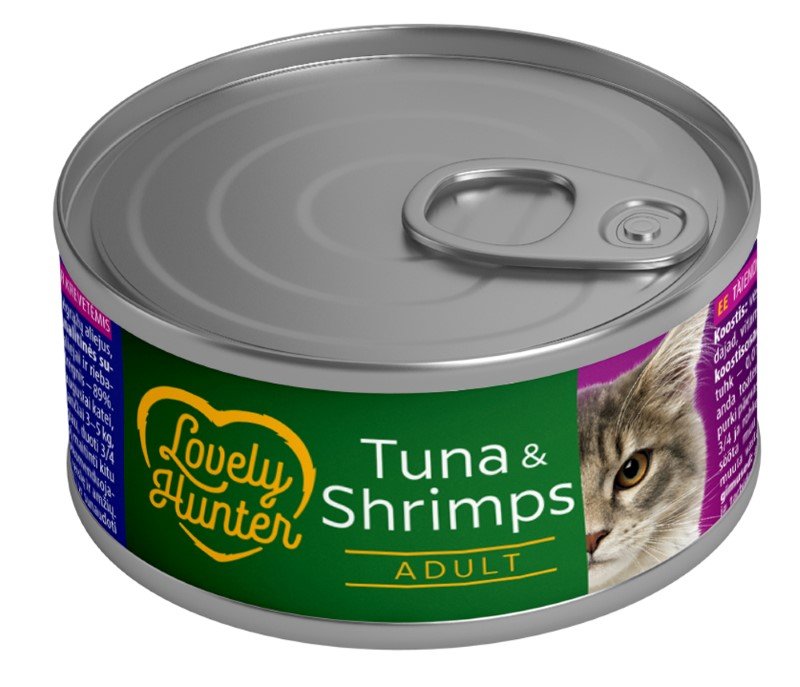 Konservuotas kačių ėdalas LOVELY HUNTER, su tunu ir krevetėmis, 85g