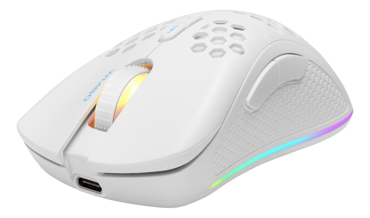 Belaidė žaidimų pelė DELTACO GAMING GAM-120-W, 70g svorio, RGB, SPCP6651, 400-6400 DPI, 1000 Hz, baltos sp.
