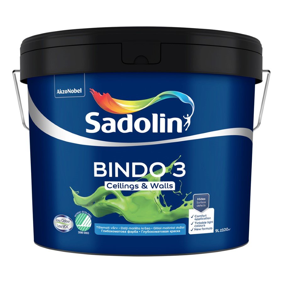 Vandeniniai vidaus dažai SADOLIN Bindo 3, 9 l, BW bazė, balti, visiškai matiniai