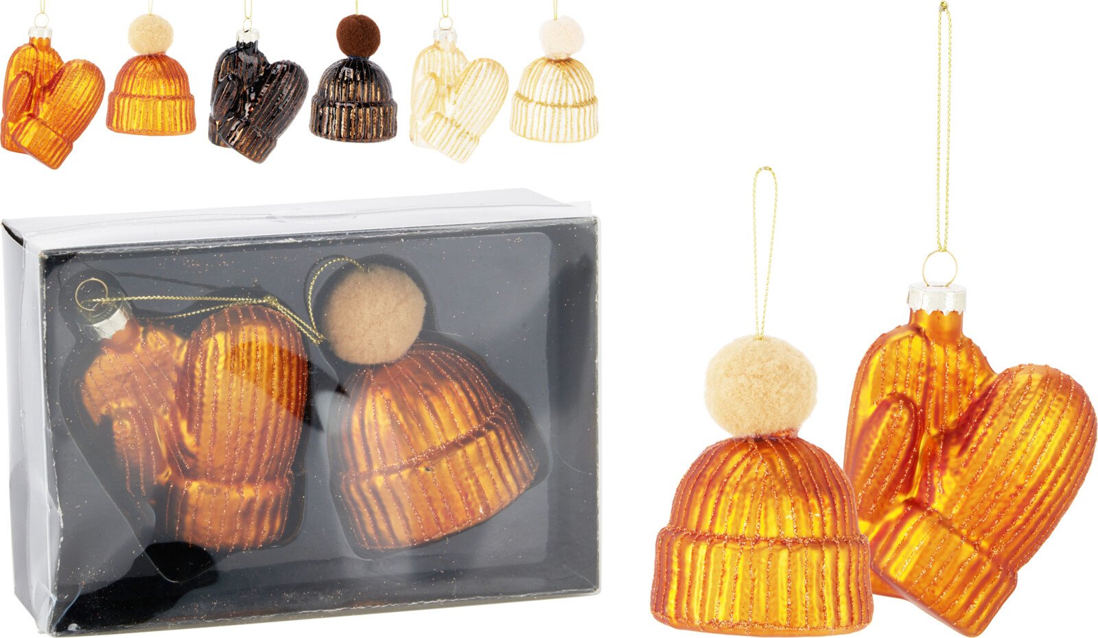 Eglutės žaisliukas Pirštinė ir kepurė, stiklas, 3 skirtingos sp., su blizgučiais, rinkinys 2 vnt.