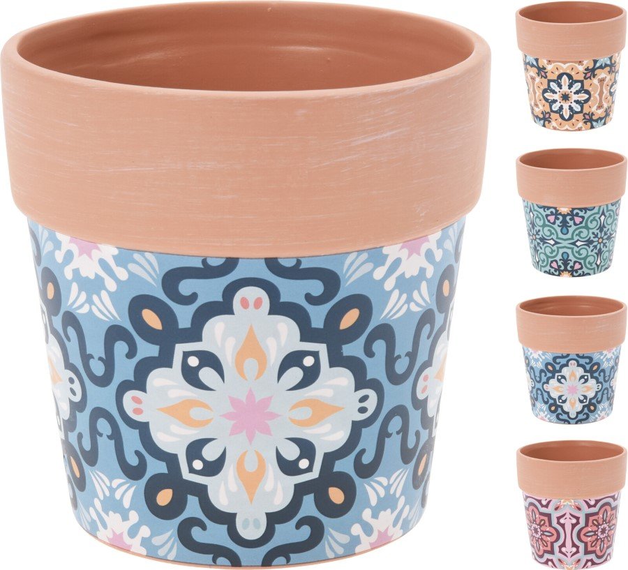 Kambarinis keraminis vazonas, terakoto sp., 4 skirtingi dizainai, su ornamentais, 14 x 14 x 14 cm.