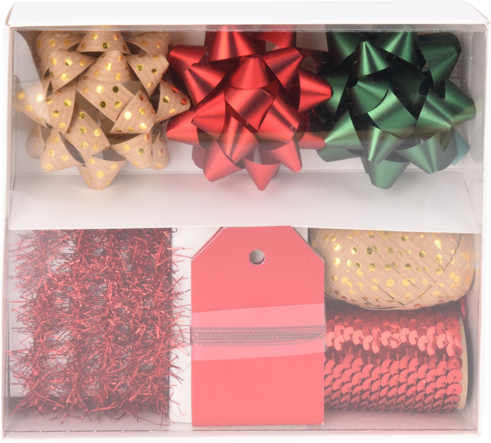 Dovanų pakavimo rinkinys, kaspinėliai, juostelės ir žymos, aukso, raudonos, žalios sp.