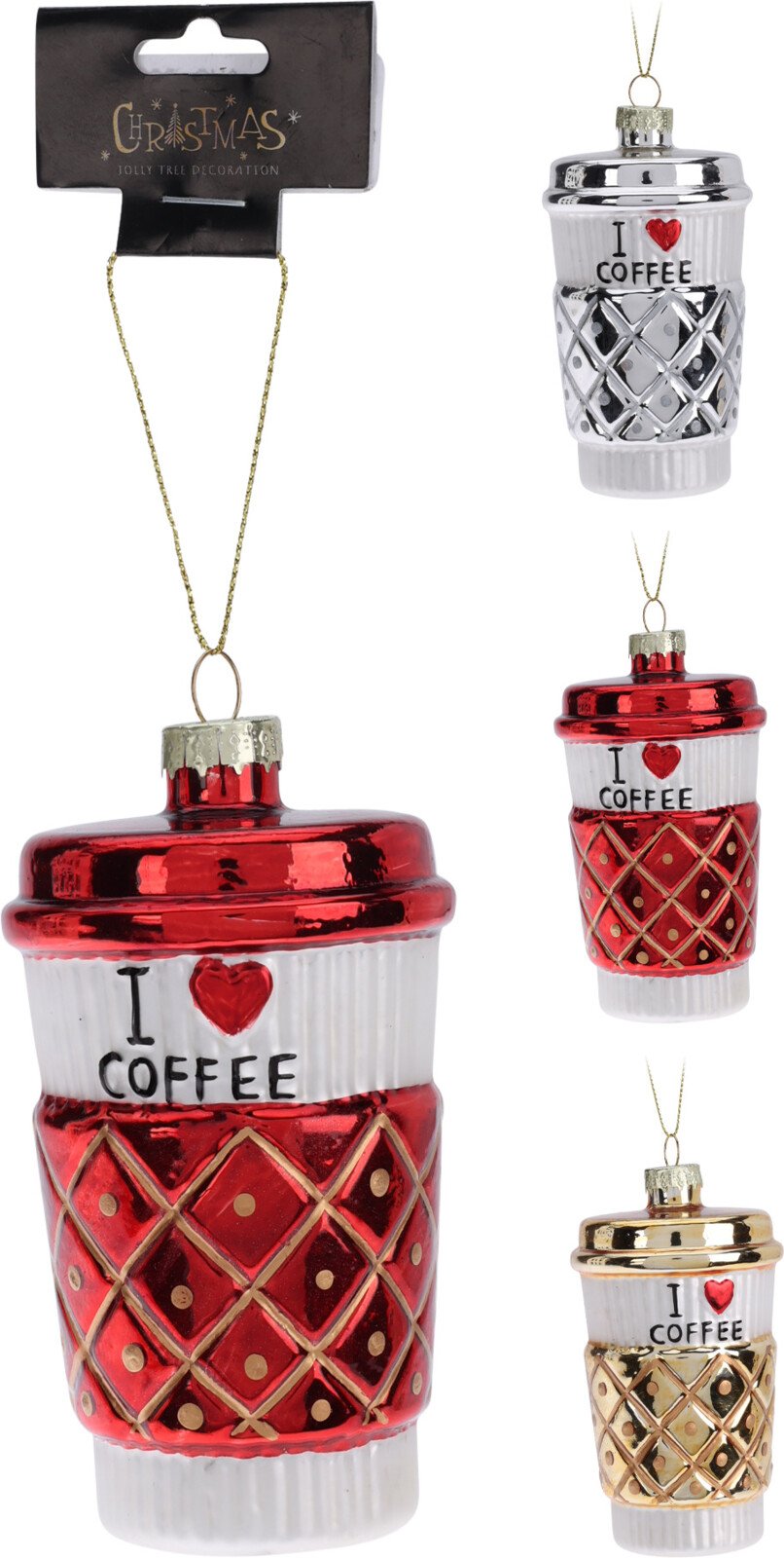 Eglutės žaisliukas Kavos Puodelis, aukso, sidabro arba raudonos sp., 110 x 65 mm