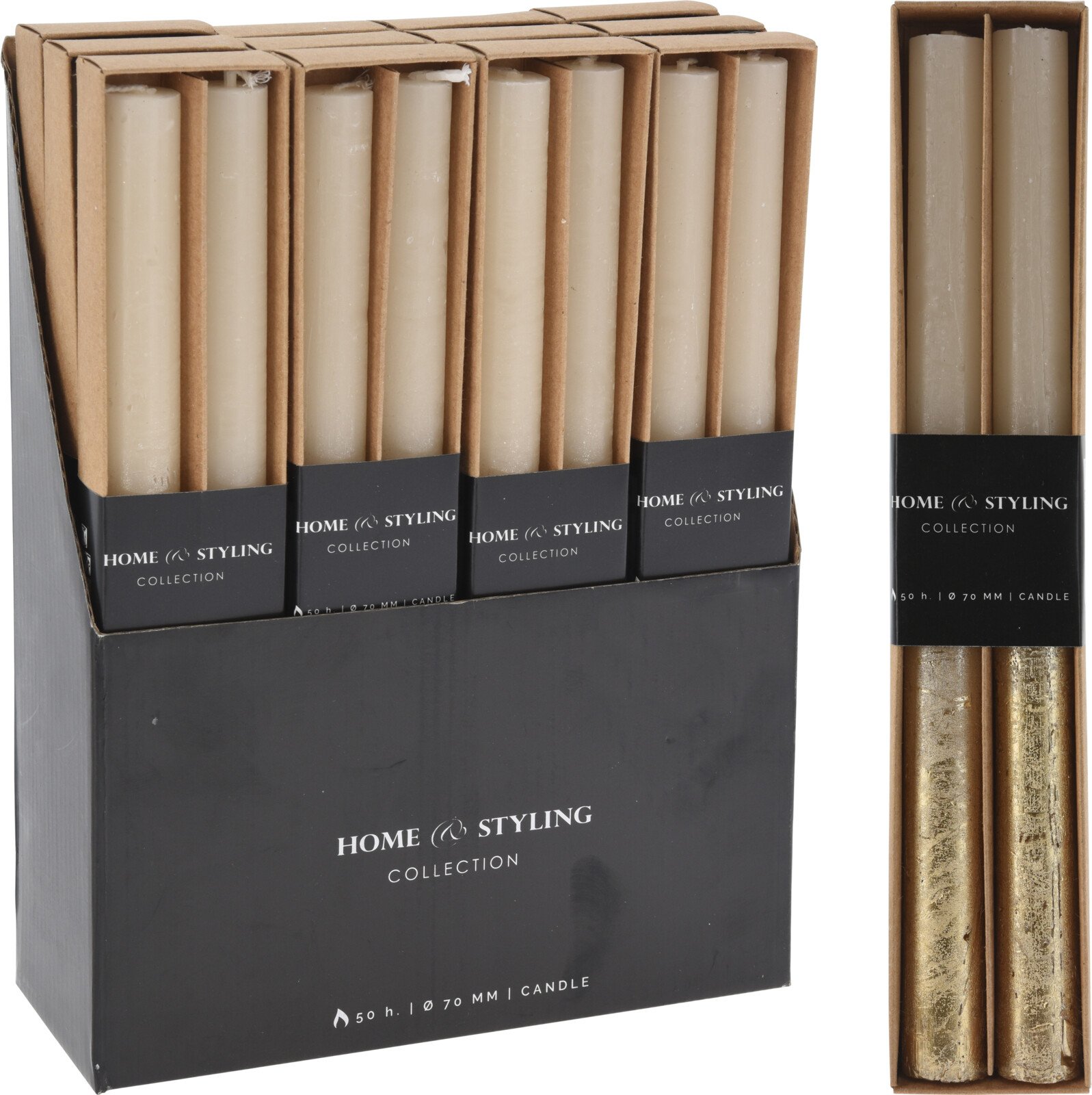 Žvakių rinkinys, 2 vnt., kreminės sp. su aukso sp. Elementu, 21 x 250 mm