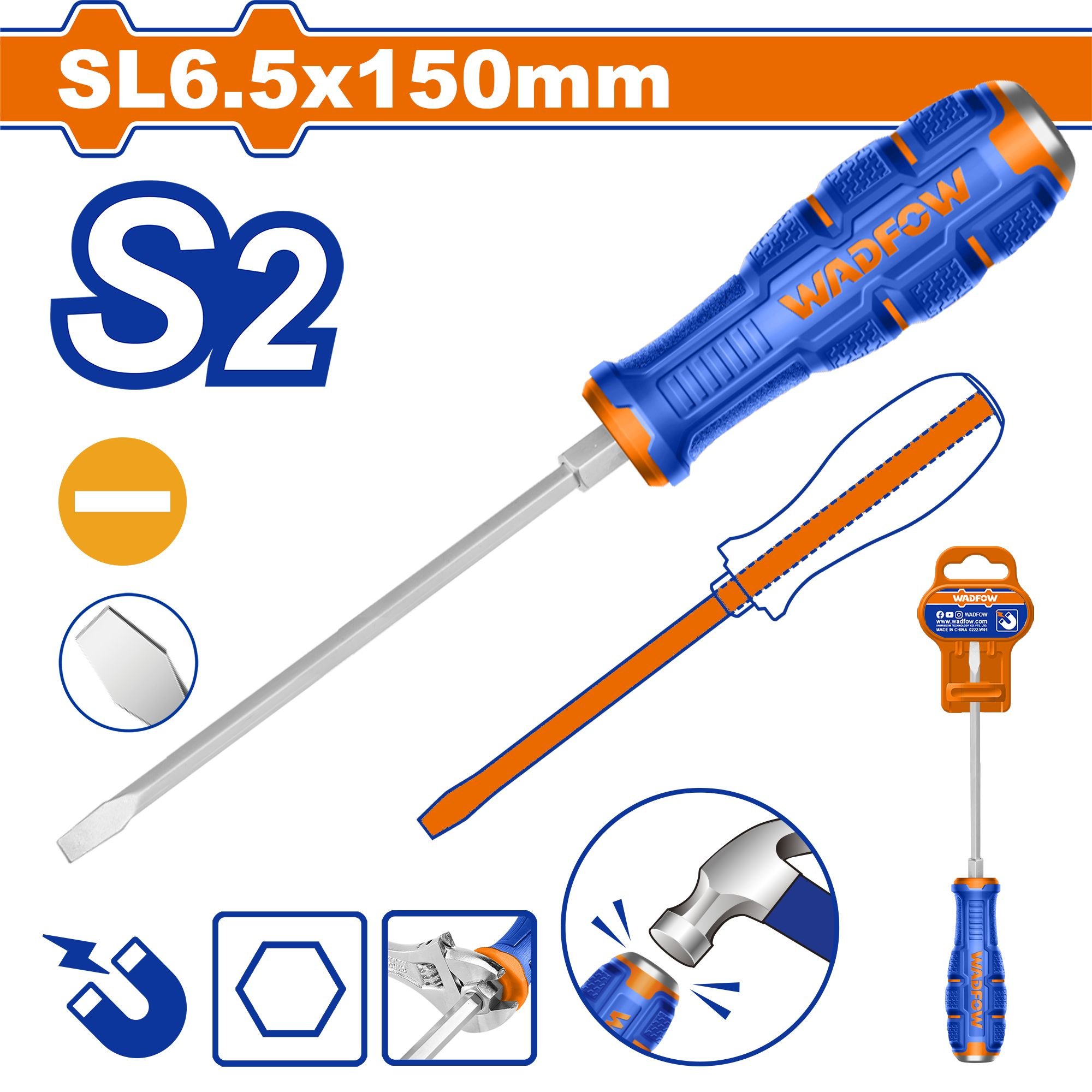 Plokščias atsuktuvas WADFOW, magnetinis, S2, 6,5x150 mm, WQJ1266