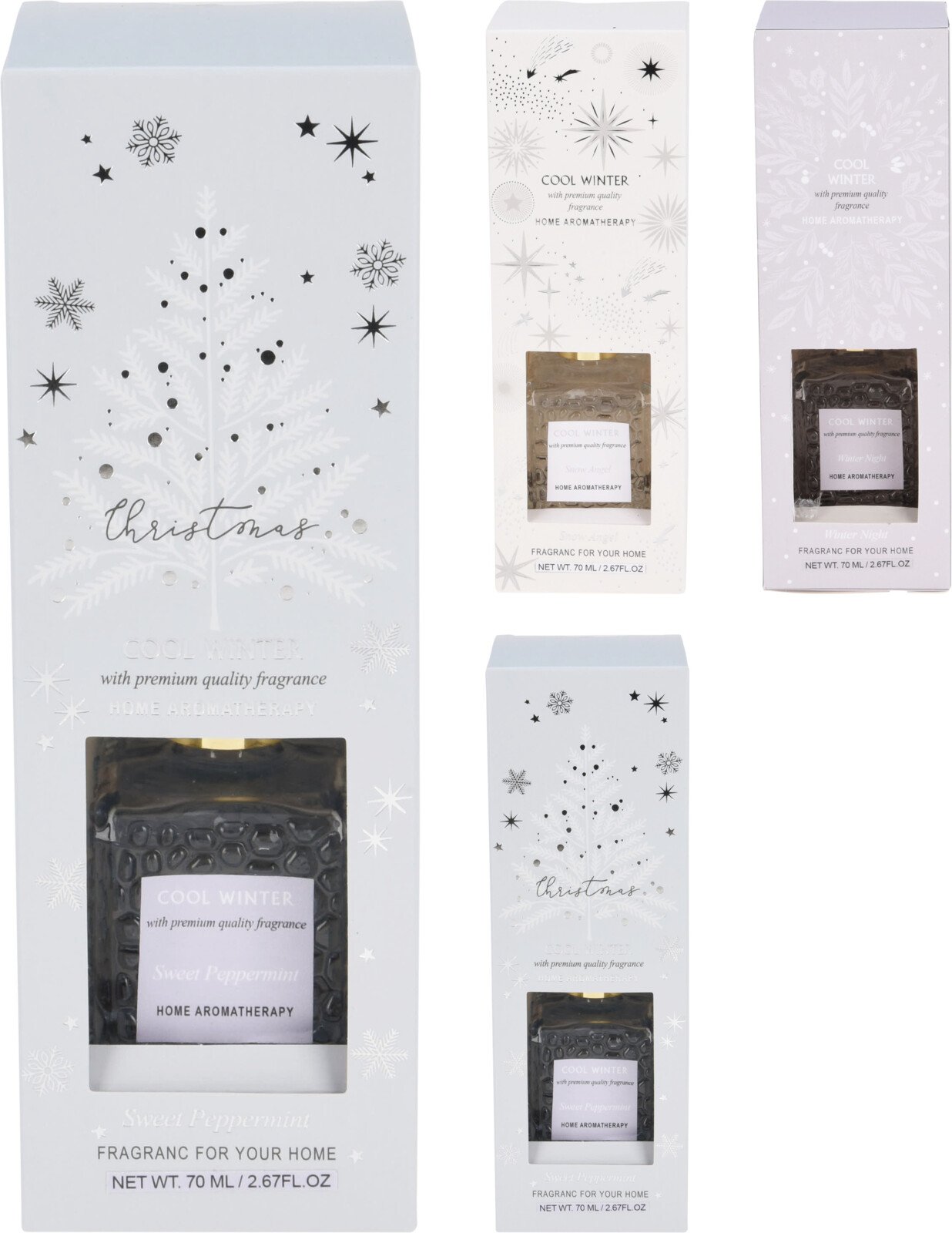 Namų kvapas, su lazdelėmis, įv. spalvų, 3 skirtingi kvapai: sniego angelas/žiemos naktis/saldi pipirmėtė, 70 ml