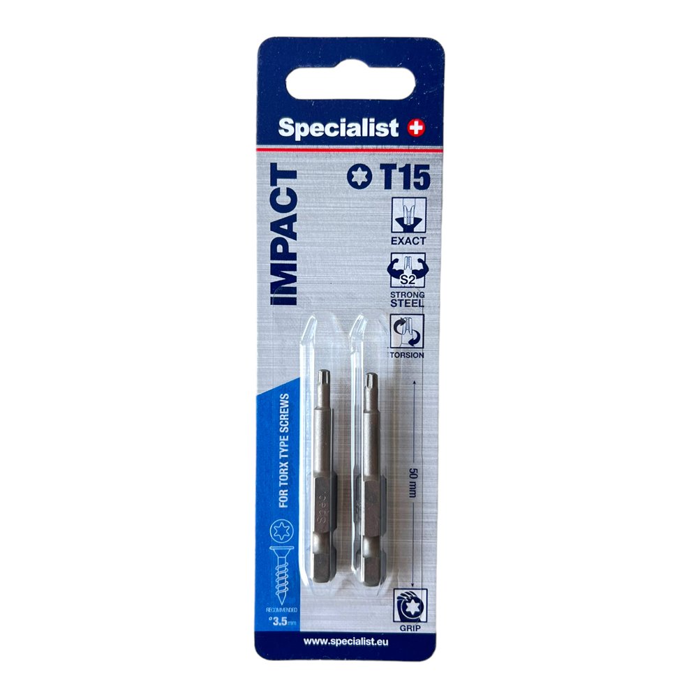 Smūginis sukimo antgalis SPECIALIST+ Torx Grip T15, 50 mm, 2 vnt.