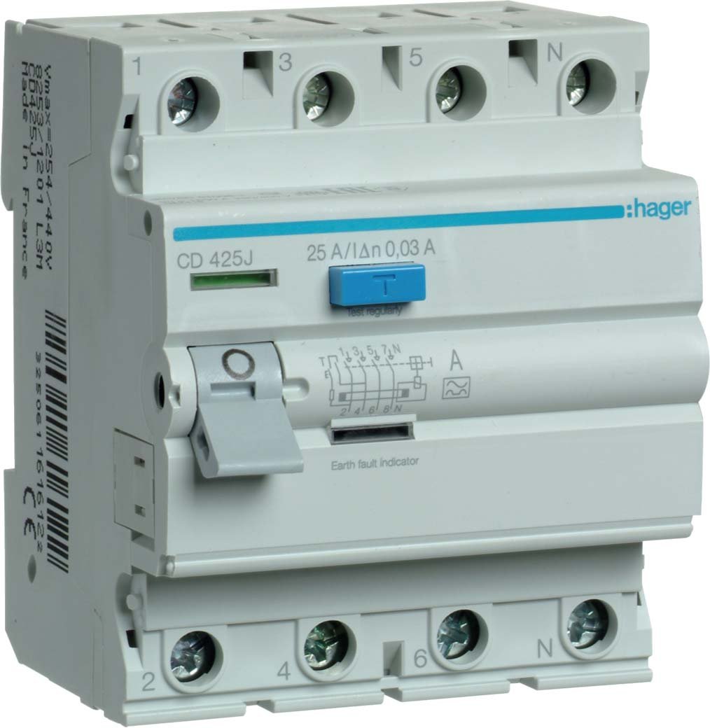 Srovės nuotekio relė HAGER Cd426J, 4P, 25A, 30 mA, AC