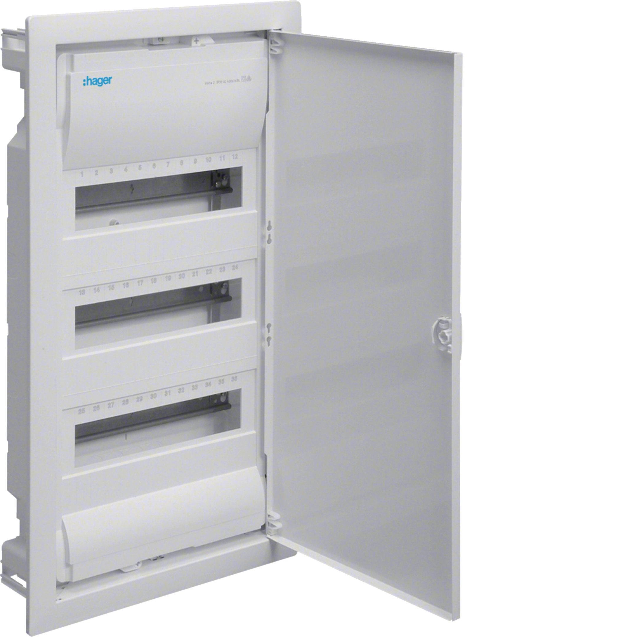 Automatinių išjungiklių skydelis HAGER, 36 modulių, įleidžiamas, baltas su baltomis metalinėmis durelėmis, IP30, VU36NE