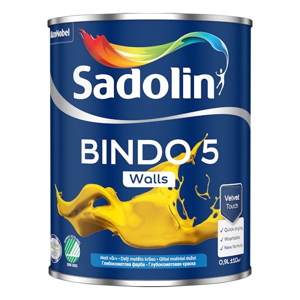 Vandeniniai vidaus dažai SADOLIN Bindo 5, 0,9 l, BW bazė, balti, visiškai matiniai