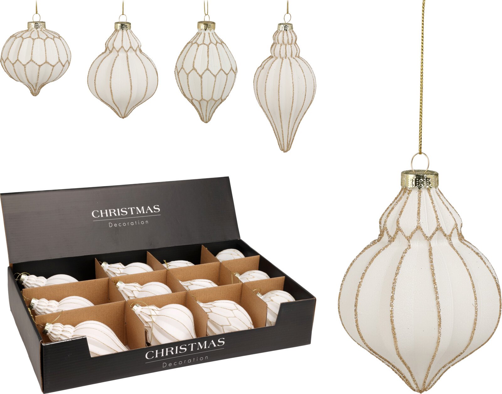 Eglutės žaisliukas, 4 skirtingos formos, baltos sp. su aukso sp. blizgučiais