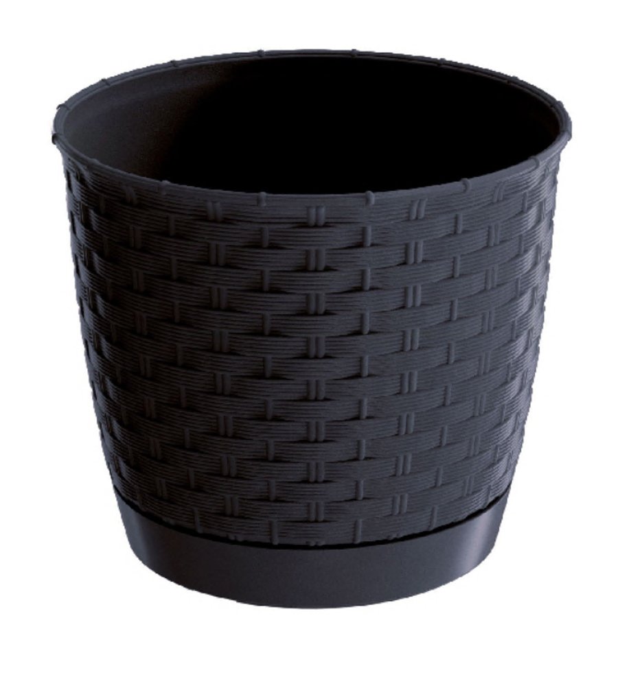 Plastikinis lauko vazonas RATOLLA, su padėklu, juodos sp., vazono skersmuo 16,5 cm.