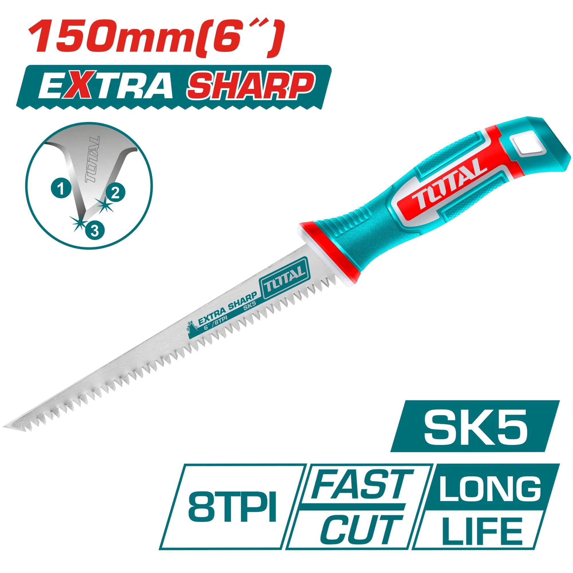 Pjūklas gipso kartono plokštėms TOTAL, trigubo galandinimo, SK5 plienas, 8TPI, 150mm, THWBSW1508