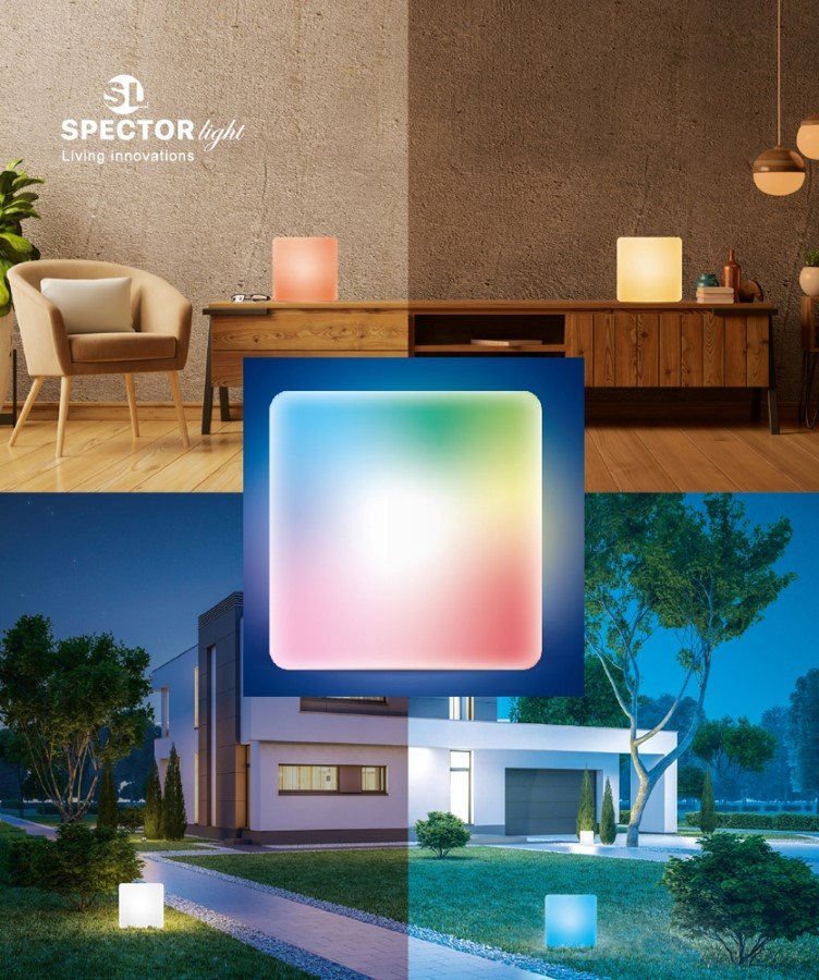 Lauko šviestuvas SPECTOR LIGHT 17823S, LED 7W 12V, IP44, 525lm, RGB+W 2700K, dekorat. apšvietimui, kvadratinis, 40x40 cm, kompl. pultas, transf. iš 220V į 12V