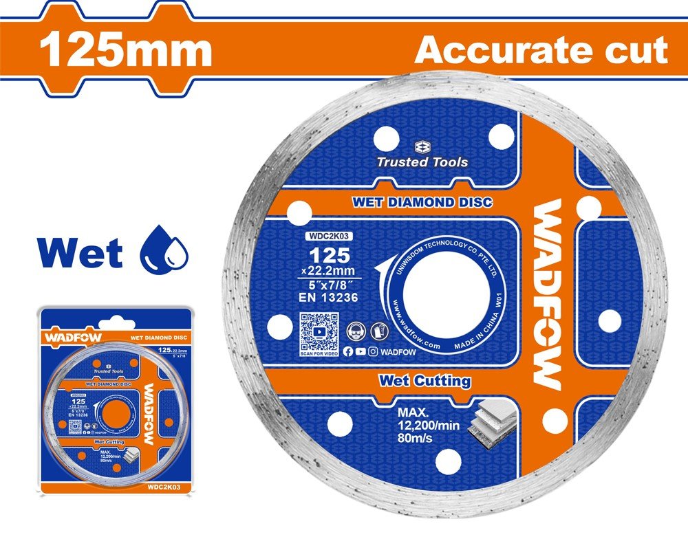 Deimantinis pjovimo diskas WADFOW, šlapiam pjovimui, 125x22.2 mm, segmento plotis 5 mm, WDC2K03