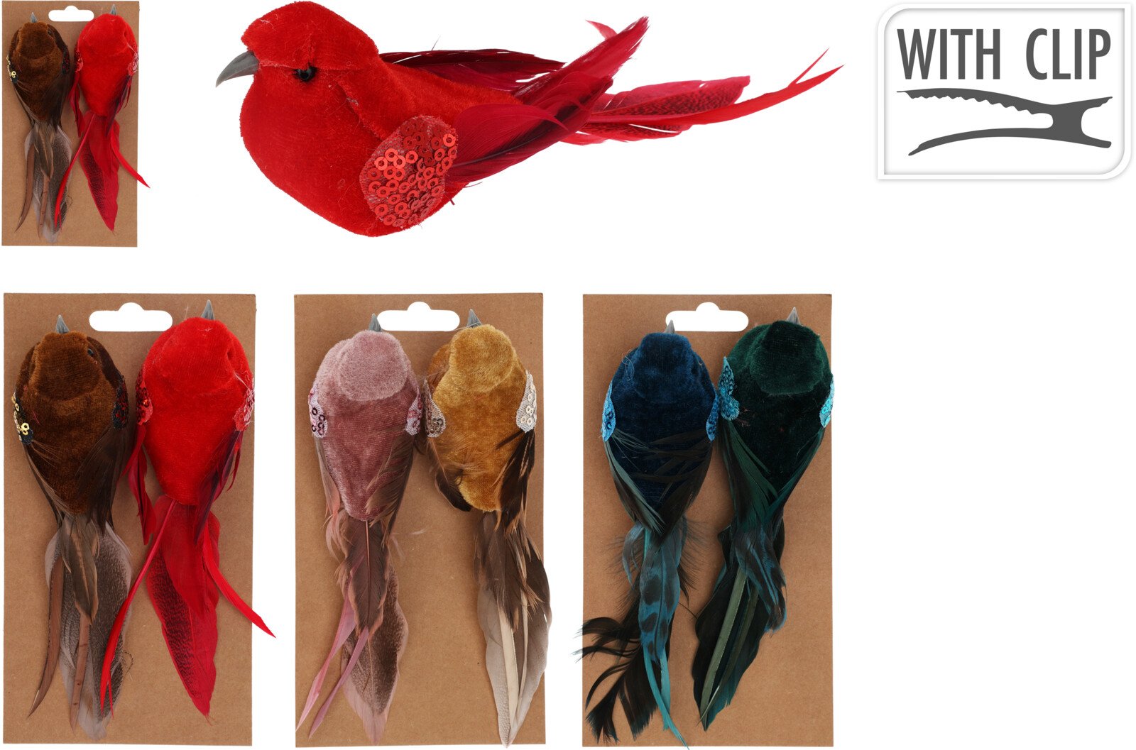 Kalėdinė dekoracija Paukštukai, prisegama, įvairių sp., 17 x 4,5 x 5,5 cm, rinkinys (2 vnt.)