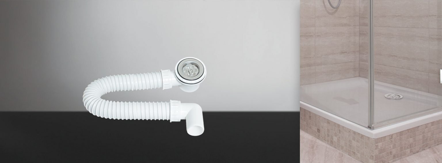 SIfonas dušo padėklui TEXO S00039, 50 x skersmuo 6,5 x 7 cm, plastikas, nerūdijančio plieno grotelės