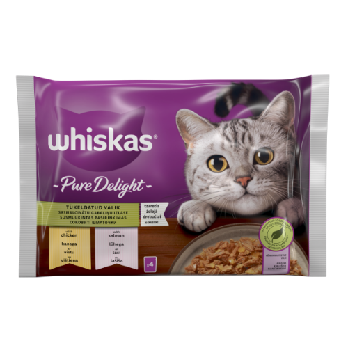 Konservuotas kačių ėdalas WHISKAS Pure Delight, su vištiena ir lašiša, suaugusioms katėms, 4x85 g