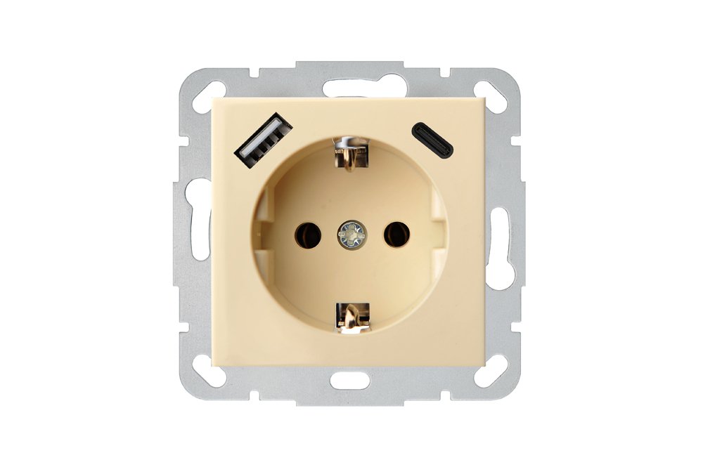 Kištukinis lizdas LIREGUS Epsilon, 1 vietos su krovikliu 3.4A 1xUSB A ir 1xUSB C, įleidžiamas, smėlio sp., su įžeminimu, IUK-3-01.E/S